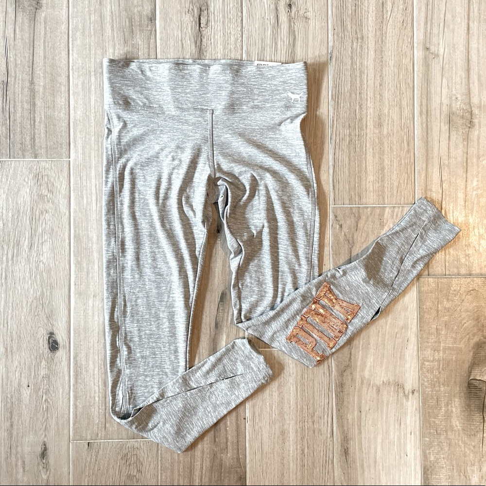 NWT Victorias Secret PINK Gray Yoga Pants With Rose Gold Design Size Small